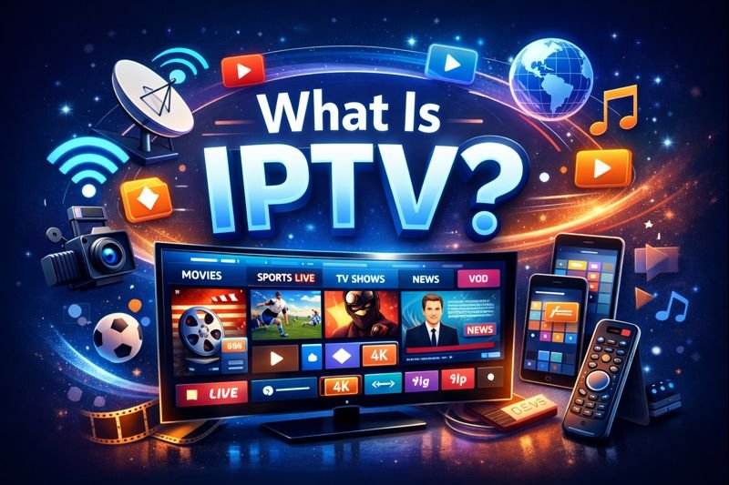 What Is IPTV? Illustration showing IPTV streaming with movies, sports live, TV shows, news, VOD, live channels and 4K quality on smart TV and devices.